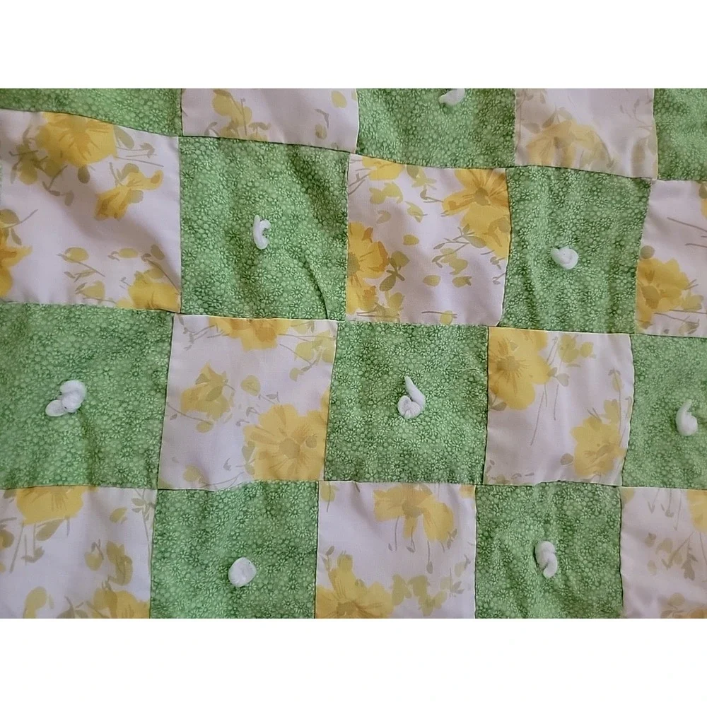 Vintage Handmade Crib Quilt Baby Blanket Hand Yarn Tied Yellow/Green Flowers